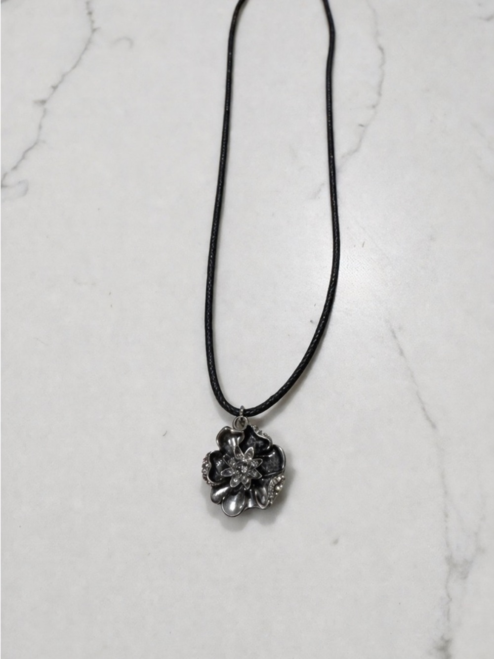 Lucky Brand Black Floral Pendant Necklace with Clear Crystal Accents